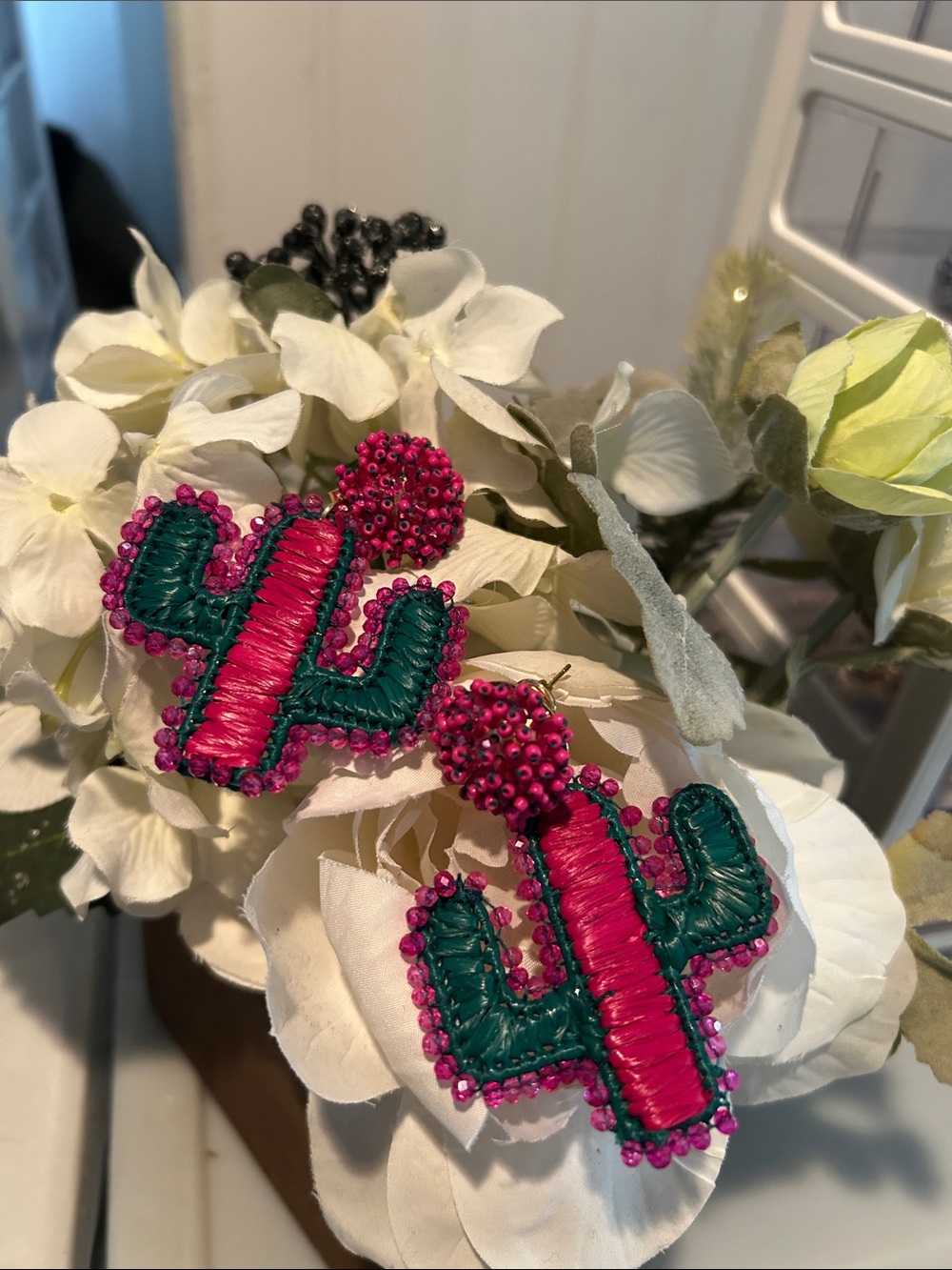 Zara Pink and Green Beaded Cactus Statement Earrings